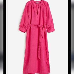 H&M Natural LINEN long dress long sleeves V neck belted Slit sides hot pink SM